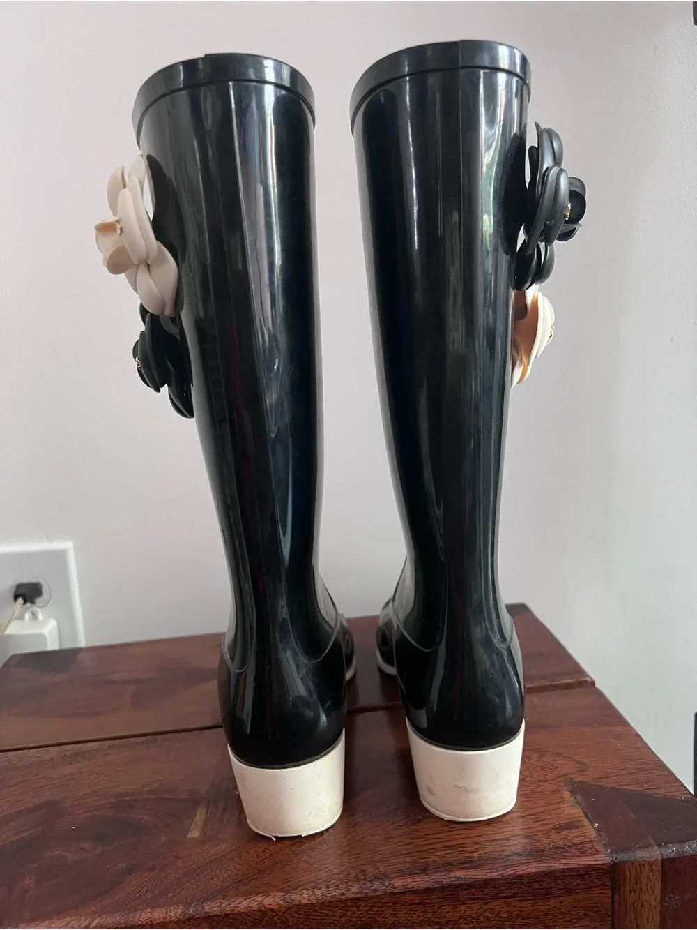 Women's Black Rain Boots with Cream and Black Camellias - Picture 5 of 11